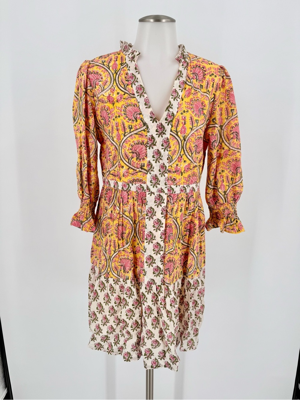 Charlee Boho Floral Paisley Mini Dress Pink Yellow Long Sleeve